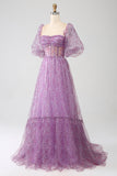 A-Line Square Neck Purple Corset Ball Dress with Half Sleeves