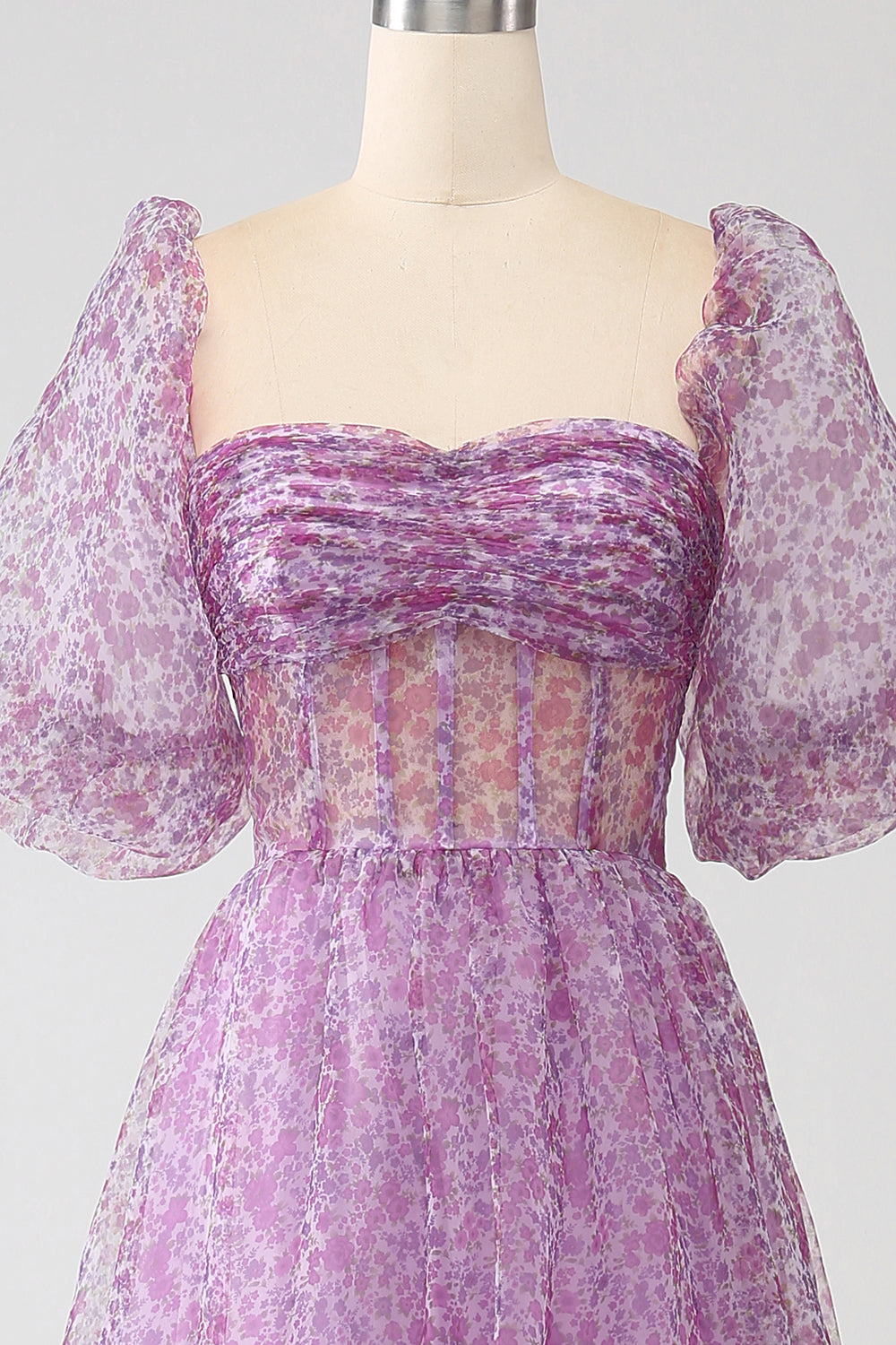 A-Line Square Neck Purple Corset Ball Dress with Half Sleeves