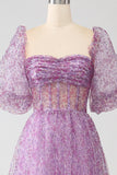 A-Line Square Neck Purple Corset Ball Dress with Half Sleeves
