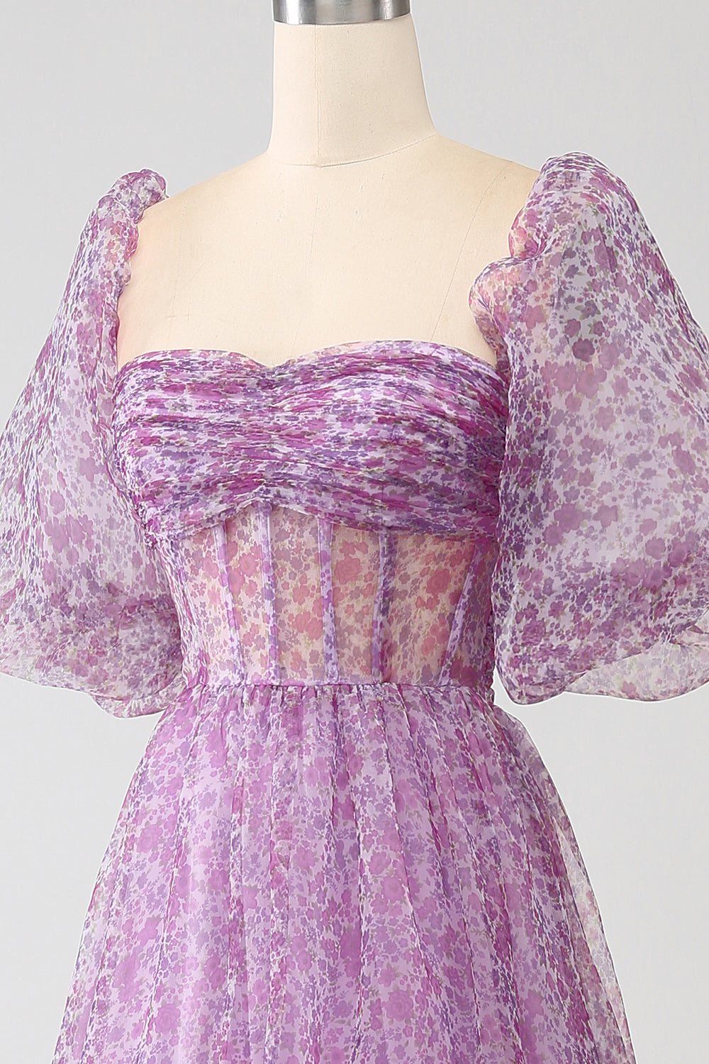 A-Line Square Neck Purple Corset Ball Dress with Half Sleeves