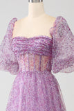 A-Line Square Neck Purple Corset Ball Dress with Half Sleeves