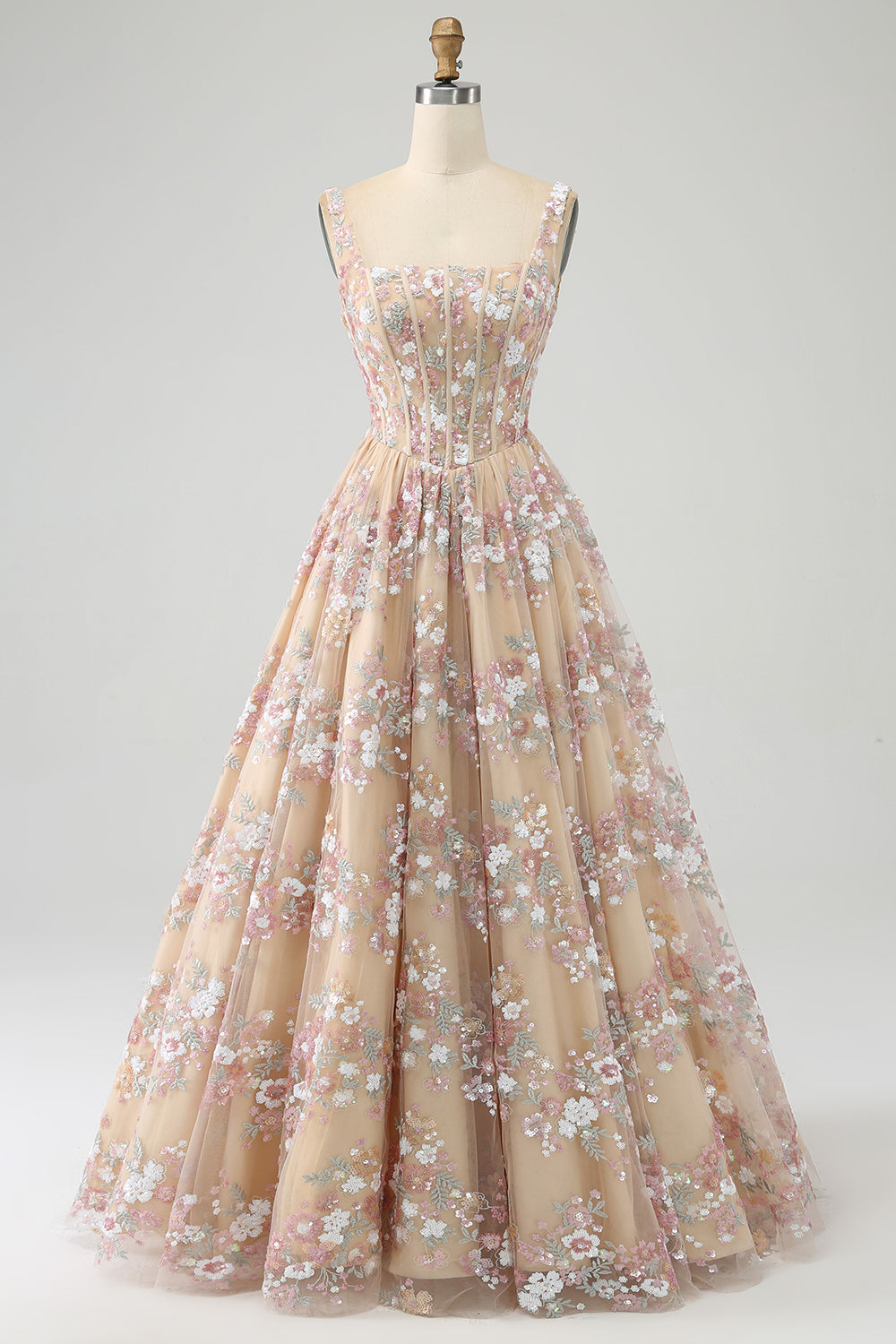 Luxurious A Line Square Neck Champagne Corset Ball Dress with Appliques