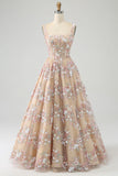 Luxurious A Line Square Neck Champagne Corset Ball Dress with Appliques