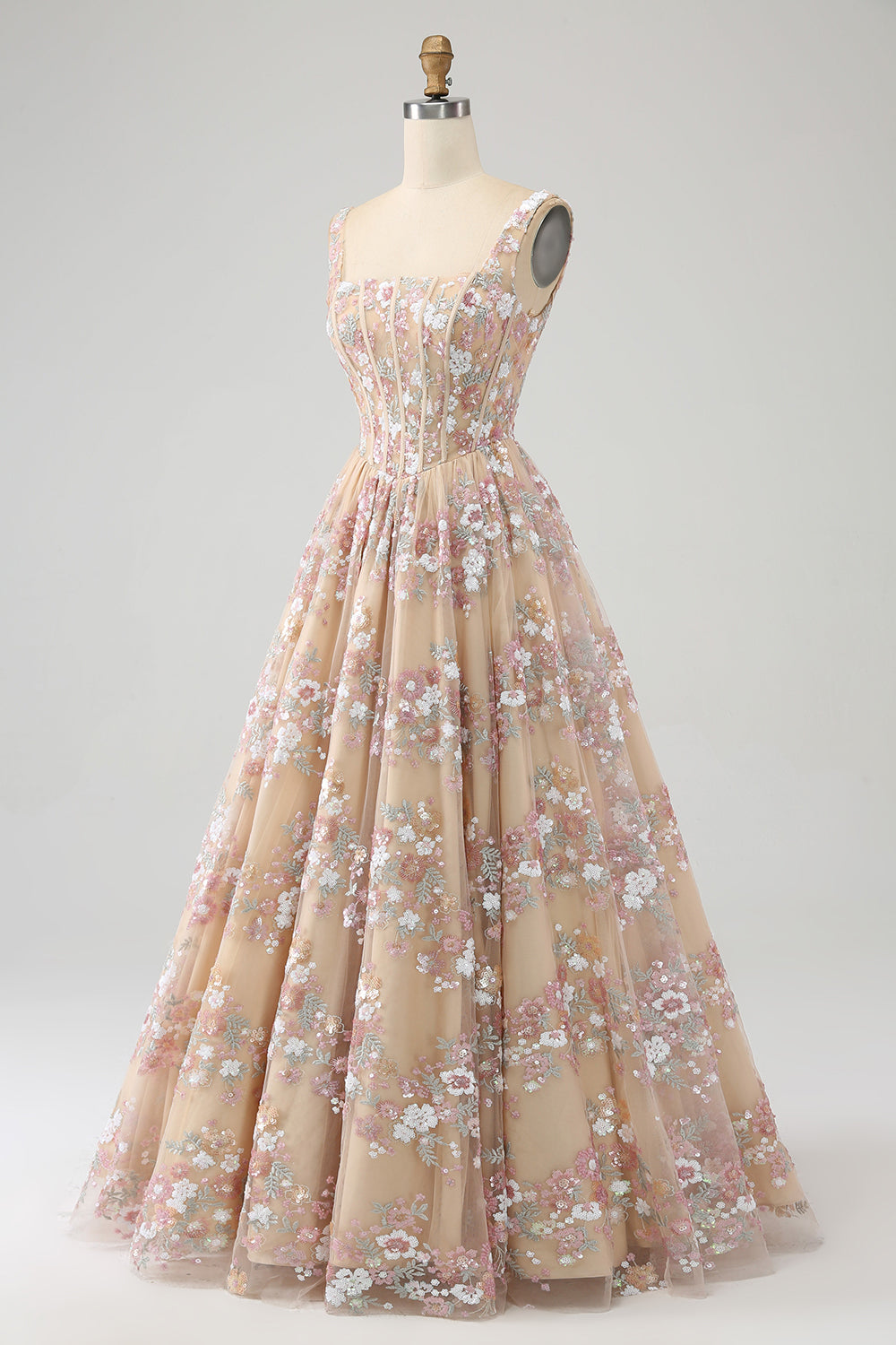 Luxurious A Line Square Neck Champagne Corset Ball Dress with Appliques