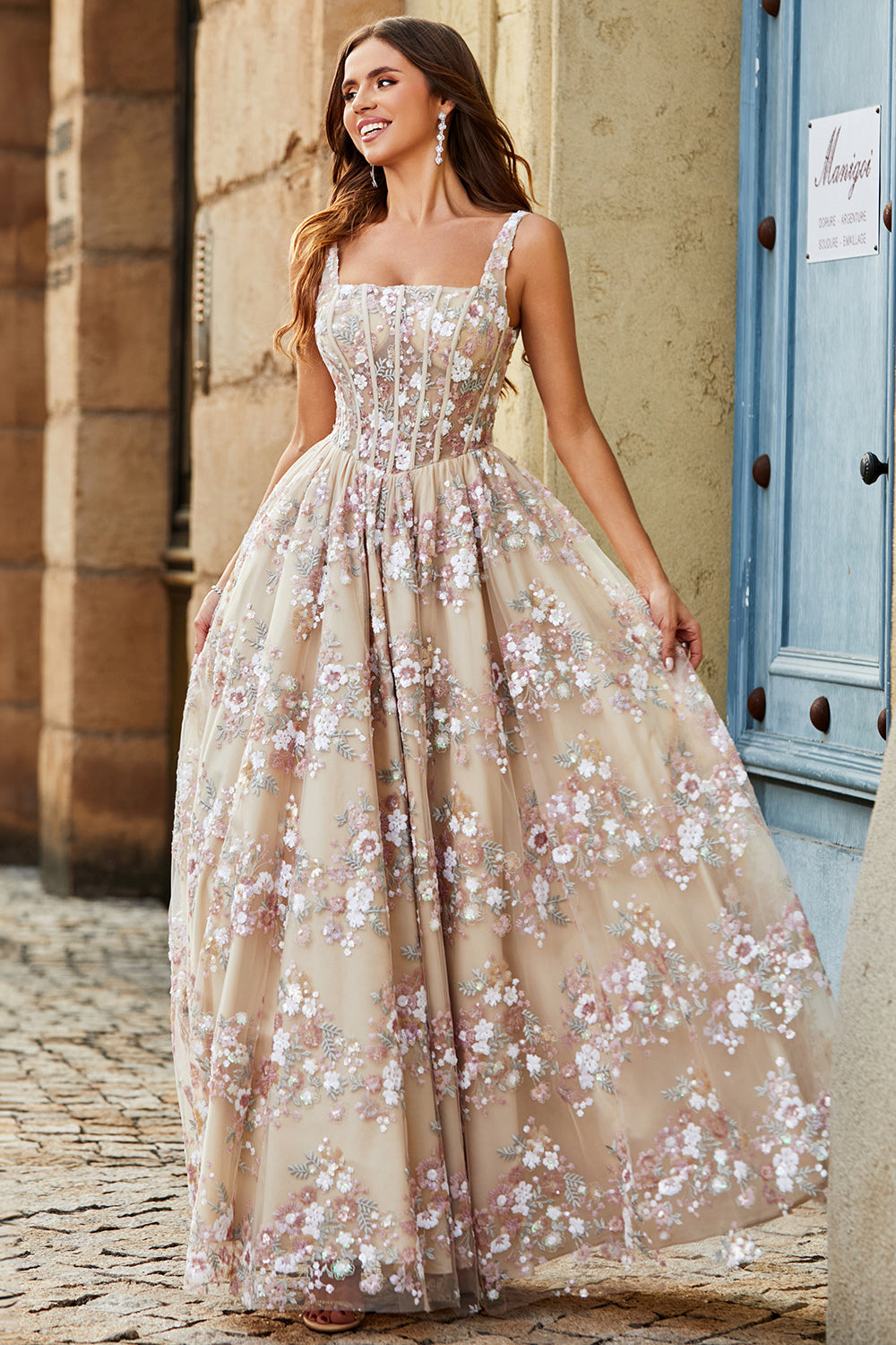 Charming A Line Square Neck Champagne Corset Ball Dress with Appliques