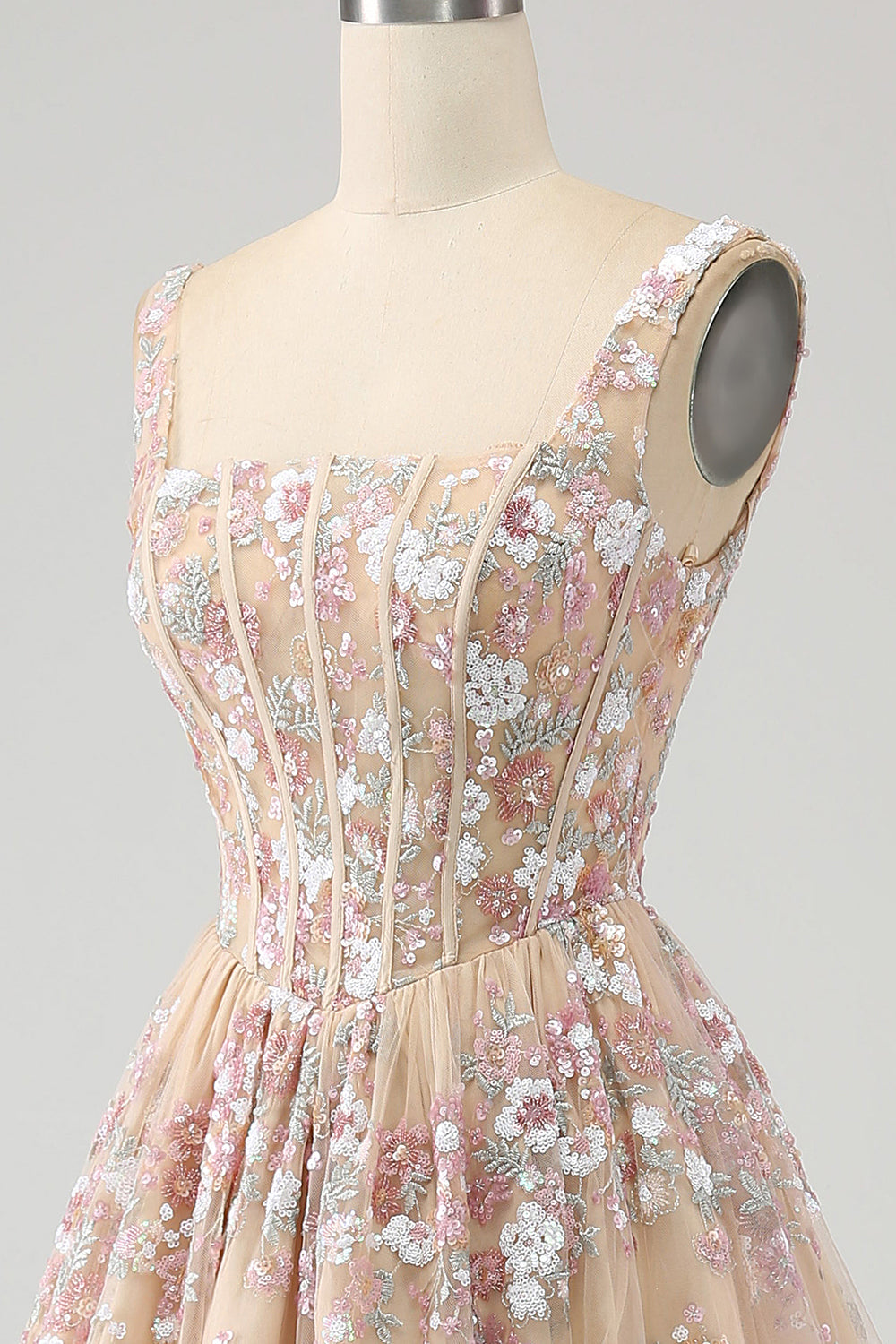 Luxurious A Line Square Neck Champagne Corset Ball Dress with Appliques