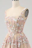 Luxurious A Line Square Neck Champagne Corset Ball Dress with Appliques