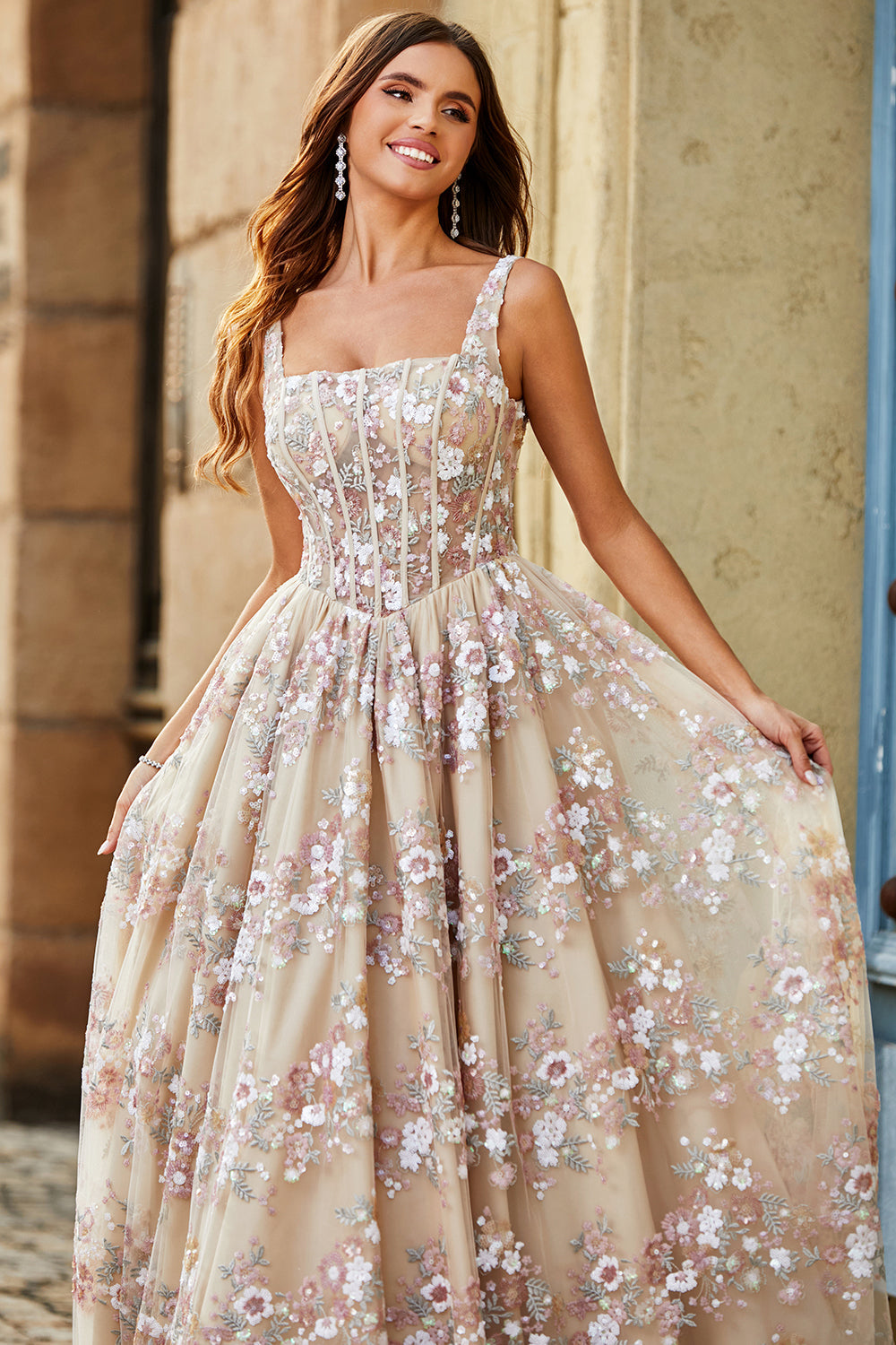 Charming A Line Square Neck Champagne Corset Ball Dress with Appliques
