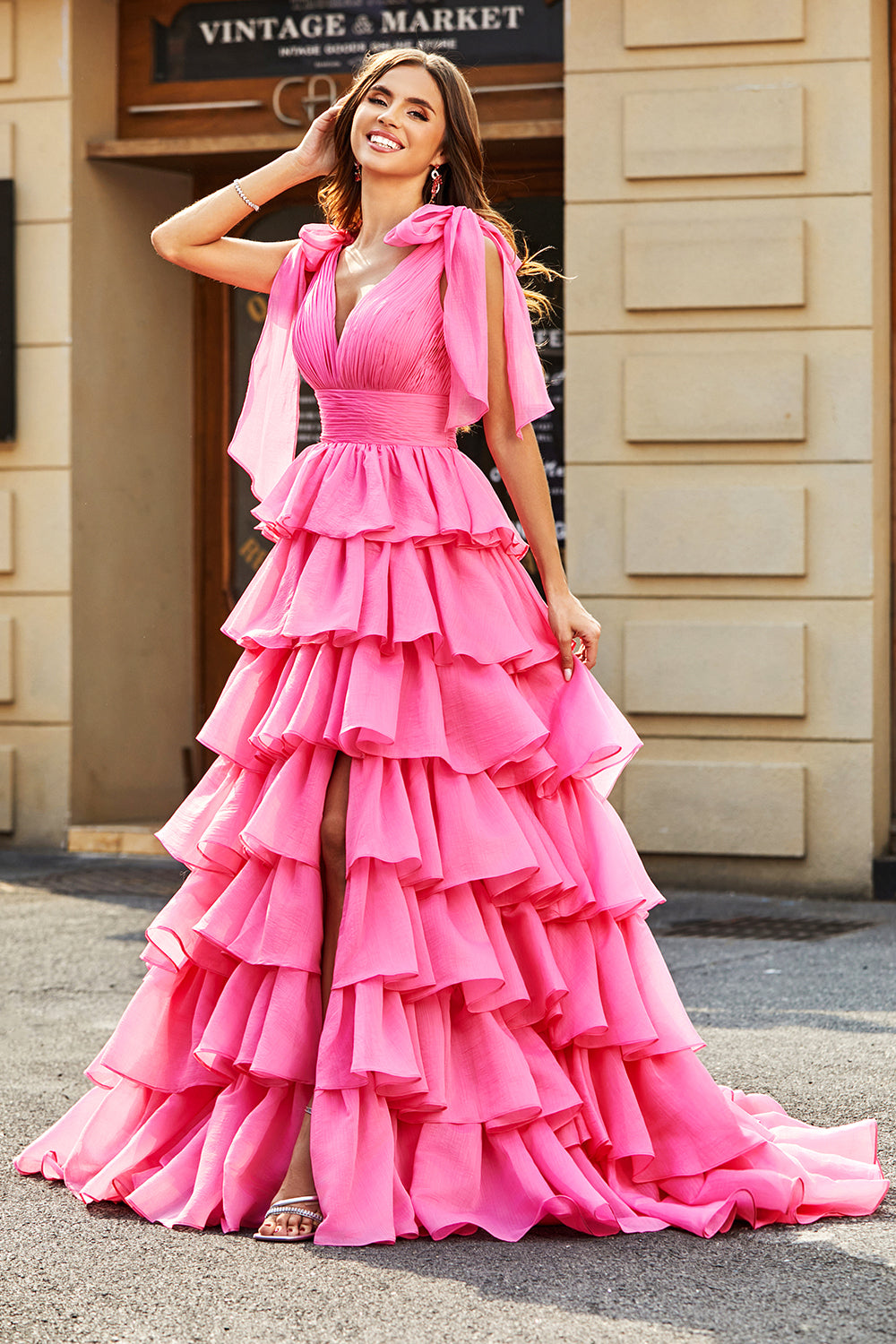Princess A-Line V-Neck Fuchsia Tiered Ball Dress With Slit