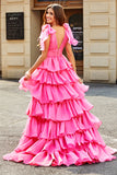 Princess A-Line V-Neck Fuchsia Tiered Ball Dress With Slit