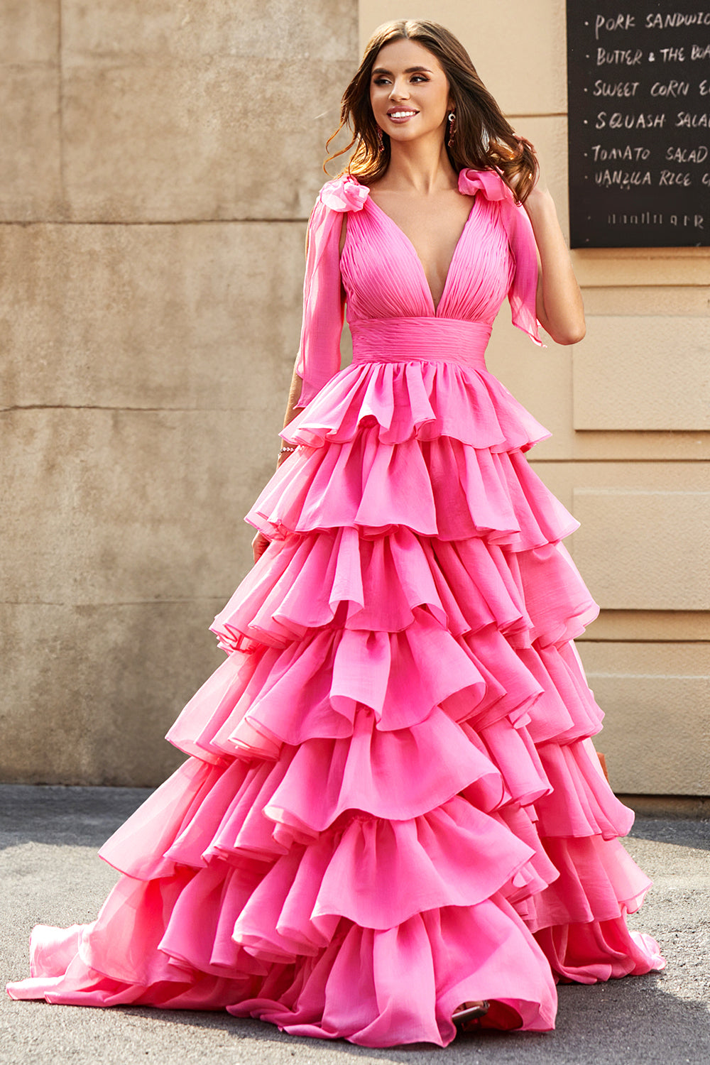 Princess A-Line V-Neck Fuchsia Tiered Ball Dress With Slit