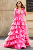 Princess A-Line V-Neck Fuchsia Tiered Ball Dress With Slit