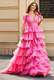 Princess A-Line V-Neck Fuchsia Tiered Ball Dress With Slit