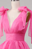 Princess A-Line V-Neck Fuchsia Ball Dress With Slit