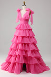 Princess A-Line V-Neck Fuchsia Ball Dress With Slit