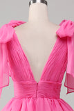 Princess A-Line V-Neck Fuchsia Ball Dress With Slit