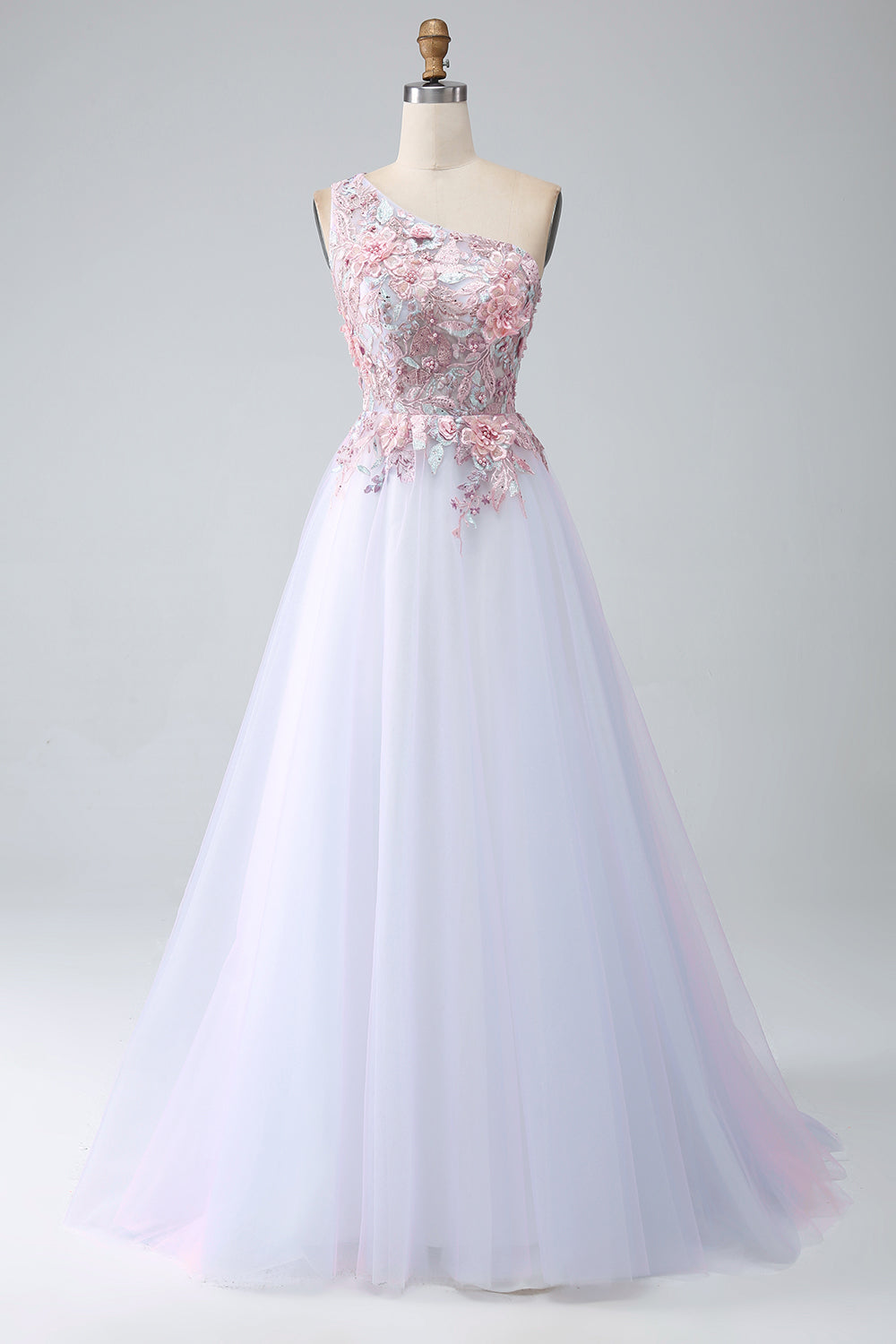 A-Line One Shoulder Pink Ball Dress with Appliques