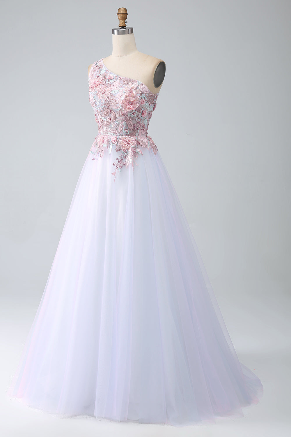 A-Line One Shoulder Pink Ball Dress with Appliques