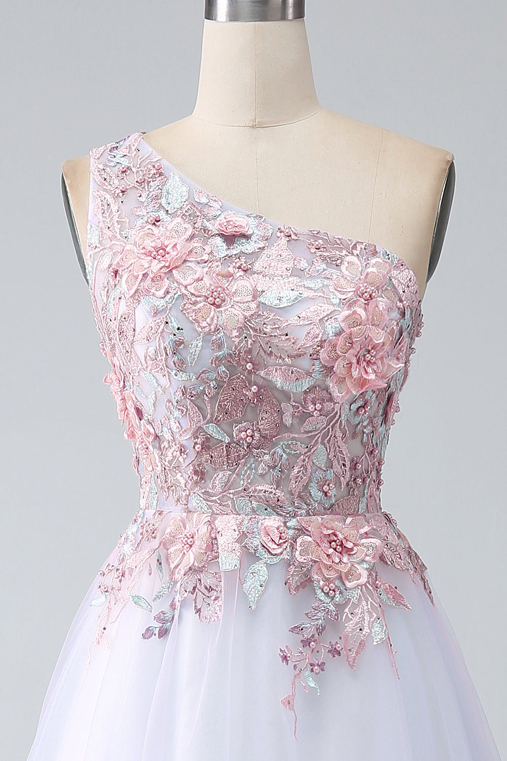A-Line One Shoulder Pink Ball Dress with Appliques