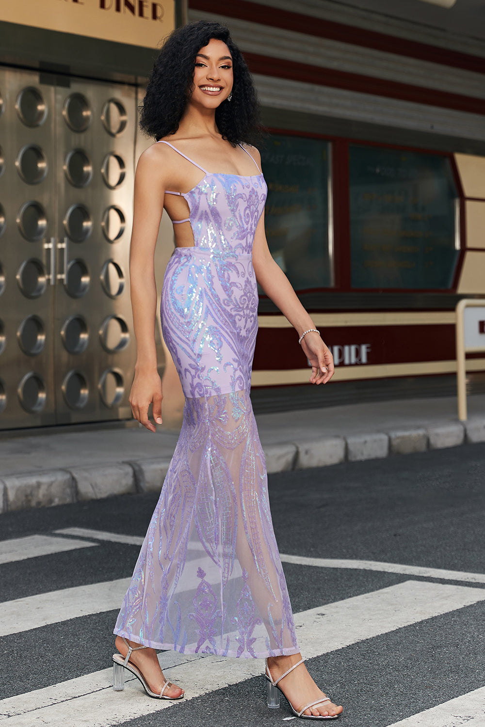 Trendy Sheath Spaghetti Straps Light Purple Long Ball Dress with Backless