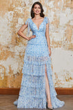 Princess A Line V Neck Blue Long Ball Dress with Ruffles Slit