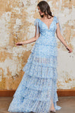 Princess A Line V Neck Blue Long Ball Dress with Ruffles Slit