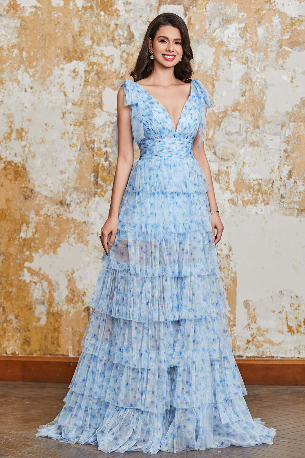 Princess A Line V Neck Blue Long Ball Dress with Ruffles Slit