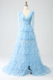 A-Line V-Neck Light Blue Tiered Long Ball Dress