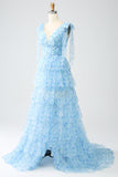 A-Line V-Neck Light Blue Tiered Long Ball Dress