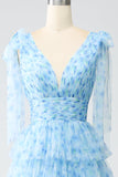 A-Line V-Neck Light Blue Tiered Long Ball Dress