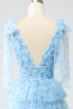 A-Line V-Neck Light Blue Tiered Long Ball Dress