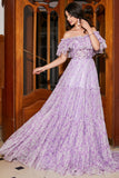 Gorgeous A Line Off the Shoulder Lilac Floral Long Ball Dress with Ruffles