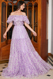 Gorgeous A Line Off the Shoulder Lilac Floral Long Ball Dress with Ruffles