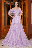 Gorgeous A Line Off the Shoulder Lilac Floral Long Ball Dress with Ruffles