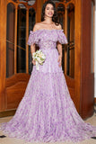 Gorgeous A Line Off the Shoulder Lilac Floral Long Ball Dress with Ruffles