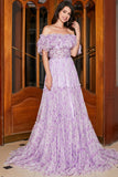 Gorgeous A Line Off the Shoulder Lilac Floral Long Ball Dress with Ruffles