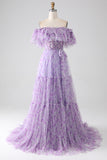 Lilac A-Line Off the Shoulder Floral Long Ruffled Ball Dress