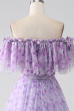 Lilac A-Line Off the Shoulder Floral Long Ruffled Ball Dress