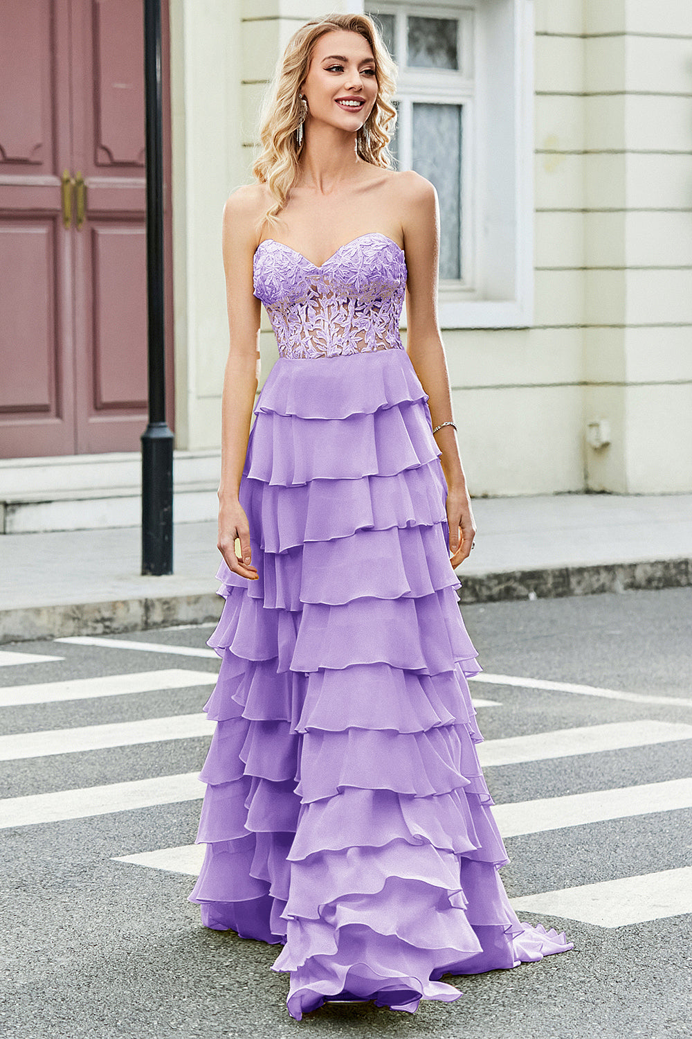 Gorgeous A Line Sweetheart Corset Lilac Ball Dress with Appliques Ruffles