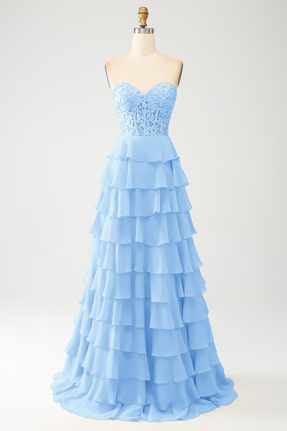 Sky Blue A-Line Sweetheart Tiered Corset Long Ball Dress