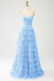 Sky Blue A-Line Sweetheart Tiered Corset Long Ball Dress