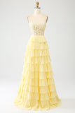 Yellow Sweetheart Tiered Ball Dress