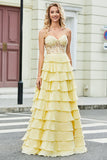 Gorgeous Yellow A Line Sweetheart Corset Ball Dress with Appliques Ruffles