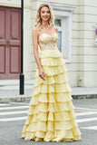 Gorgeous Yellow A Line Sweetheart Corset Ball Dress with Appliques Ruffles