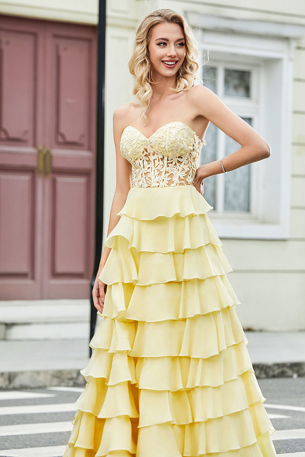 Gorgeous Yellow A Line Sweetheart Corset Ball Dress with Appliques Ruffles