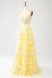 Yellow Sweetheart Tiered Ball Dress