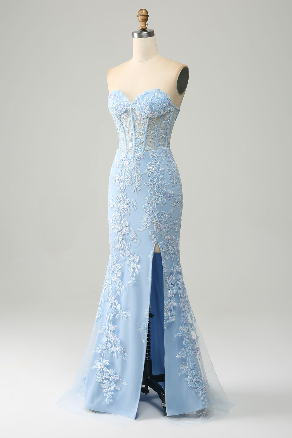 Light Blue Mermaid Sweetheart Corset Appliques Ball Dress With Side Slit