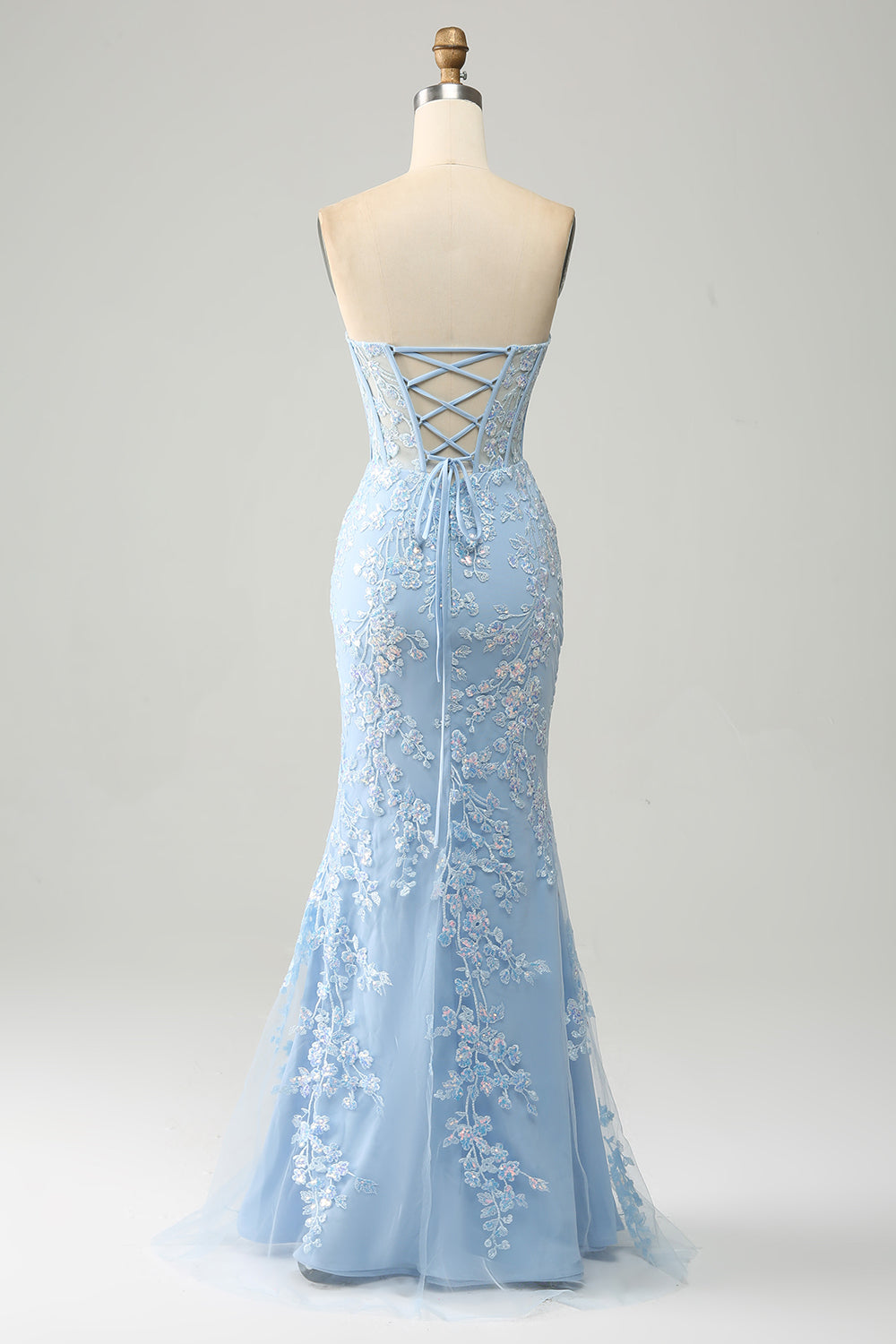 Light Blue Mermaid Sweetheart Corset Appliques Ball Dress With Side Slit