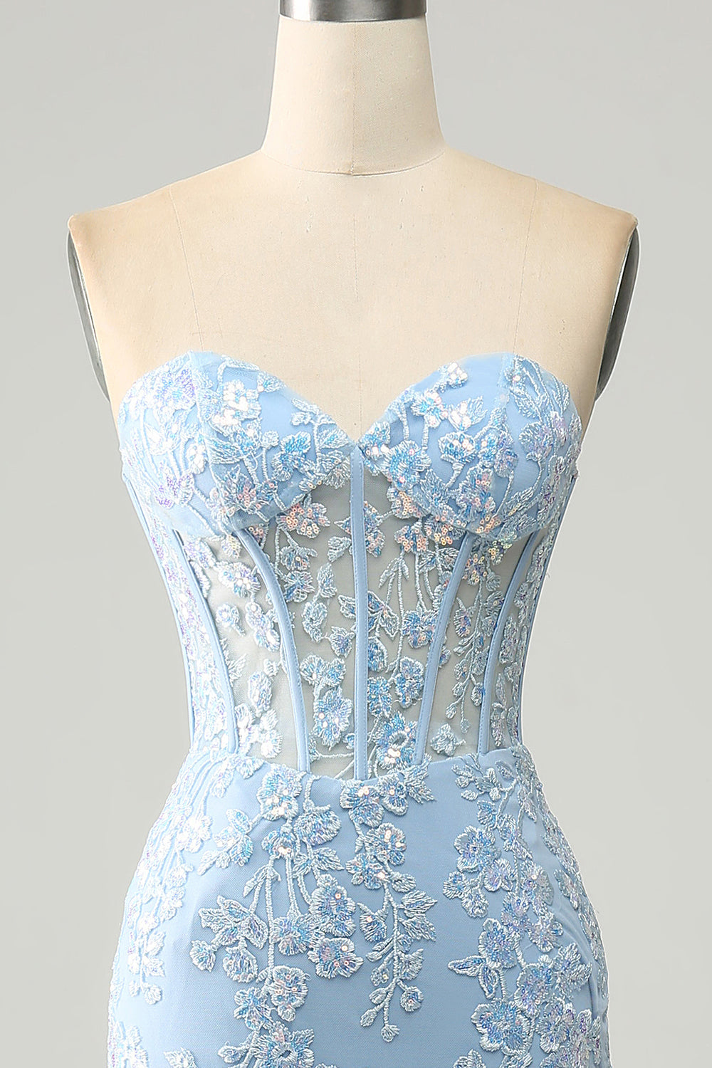 Light Blue Mermaid Sweetheart Corset Appliques Ball Dress With Side Slit