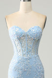 Light Blue Mermaid Sweetheart Corset Appliques Ball Dress With Side Slit